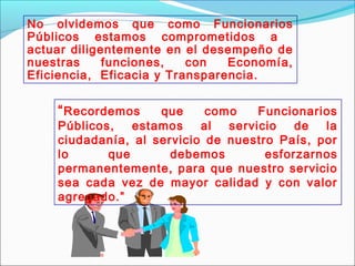 No olvidemos que como Funcionarios
Públicos estamos comprometidos a
actuar diligentemente en el desempeño de
nuestras funciones, con Economía,
Eficiencia, Eficacia y Transparencia.
“Recordemos que como Funcionarios
Públicos, estamos al servicio de la
ciudadanía, al servicio de nuestro País, por
lo que debemos esforzarnos
permanentemente, para que nuestro servicio
sea cada vez de mayor calidad y con valor
agregado.”
 