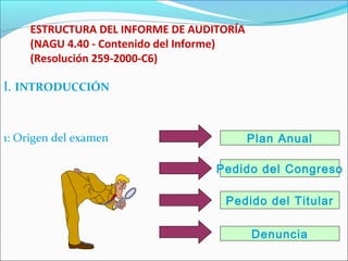 ESTRUCTURA DEL INFORME DE AUDITORÍA
(NAGU 4.40 - Contenido del Informe)
(Resolución 259-2000-C6)
I. INTRODUCCIÓN
1: Origen del examen Plan Anual
Pedido del Congreso
Pedido del Titular
Denuncia
 