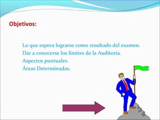 Objetivos:
Lo que espera lograrse como resultado del examen.
Dar a conocerse los límites de la Auditoría.
Aspectos puntuales.
Áreas Determinadas.
 