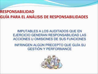 RESPONSABILIDAD
GUÍA PARA EL ANÁLISIS DE RESPONSABILIDADES
IMPUTABLES A LOS AUDITADOS QUE EN
EJERCICIO GENERAN RESPONSABILIDAD LAS
ACCIONES U OMISIONES DE SUS FUNCIONES
INFRINGEN ALGÚN PRECEPTO QUE GUÍA SU
GESTIÓN Y PERFORMANCE
 