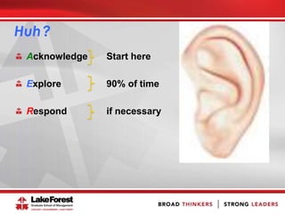 Huh?
Acknowledge Start here
Explore 90% of time
Respond if necessary
 