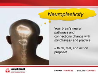 Your brain’s neural
pathways and
connections change with
mindfulness and practice
– think, feel, and act on
purpose!
Neuroplasticity
 