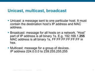 Unicast, multicast, broadcast Unicast: a message sent to one particular host. It must contain the destination host’s IP address and MAC address. Broadcast: message for all hosts on a network. “Host” part of IP address is all binary 1s. E.g. 192.168.1. 255  MAC address is all binary 1s, FF:FF:FF:FF:FF:FF in hex. Multicast: message for a group of devices.  IP address  224.0.0.0 to 239.255.255.255 