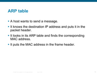 ARP table A host wants to send a message. It knows the destination IP address and puts it in the packet header. It looks in its ARP table and finds the corresponding MAC address. It puts the MAC address in the frame header. 