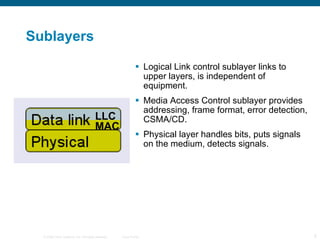 Sublayers Logical Link control sublayer links to upper layers, is independent of equipment. Media Access Control sublayer provides addressing, frame format, error detection, CSMA/CD. Physical layer handles bits, puts signals on the medium, detects signals. MAC LLC 