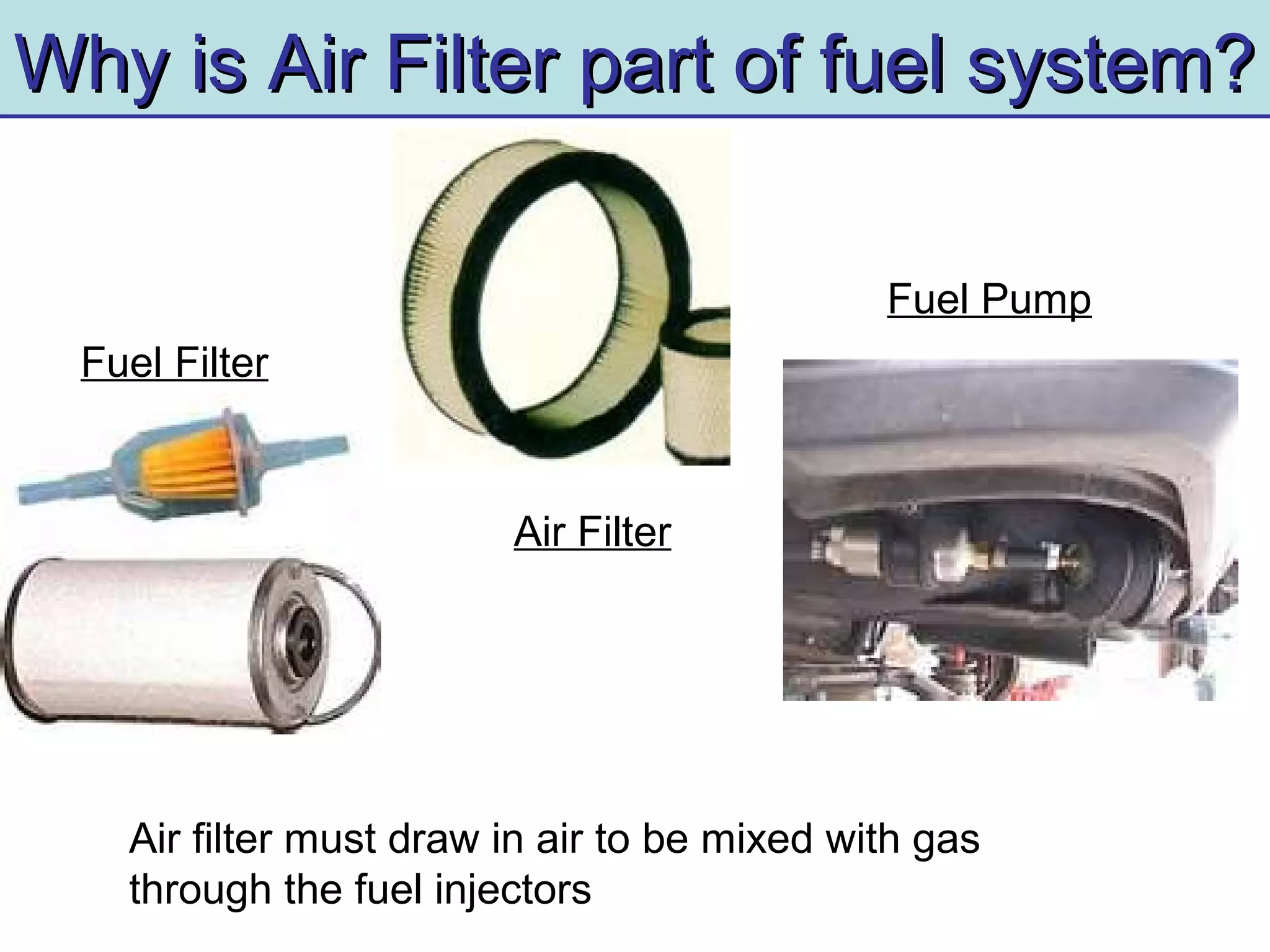 Why is Air Filter part of fuel system?Why is Air Filter part of fuel system?
Fuel Pump
Fuel Filter
Air Filter
Air filter must draw in air to be mixed with gas
through the fuel injectors
 