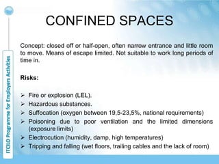 CONFINED SPACES
Concept: closed off or half-open, often narrow entrance and little room
to move. Means of escape limited. Not suitable to work long periods of
time in.
Risks:
 Fire or explosion (LEL).
 Hazardous substances.
 Suffocation (oxygen between 19,5-23,5%, national requirements)
 Poisoning due to poor ventilation and the limited dimensions
(exposure limits)
 Electrocution (humidity, damp, high temperatures)
 Tripping and falling (wet floors, trailing cables and the lack of room)
 