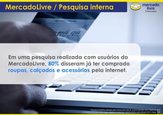 MercadoLivre / Pesquisa interna
Em uma pesquisa realizada com usuários do
MercadoLivre, 80% disseram já ter comprado
roupas, calçados e acessórios pela internet.
Pesquisa quantitativa realizada pela Conecta para base de usuários Mercado Livre | Dezembro 2015
3. E produtos de moda, como roupas, calçados e acessórios. Você já comprou pela internet? (RU)? | Base: 1000
 
