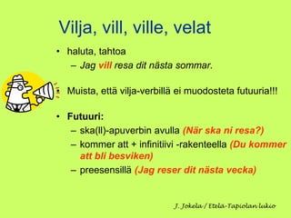 Vilja, vill, ville, velat
• haluta, tahtoa
   – Jag vill resa dit nästa sommar.

• Muista, että vilja-verbillä ei muodosteta futuuria!!!

• Futuuri:
   – ska(ll)-apuverbin avulla (När ska ni resa?)
   – kommer att + infinitiivi -rakenteella (Du kommer
     att bli besviken)
   – preesensillä (Jag reser dit nästa vecka)


                             J. Jokela / Etelä-Tapiolan lukio
 
