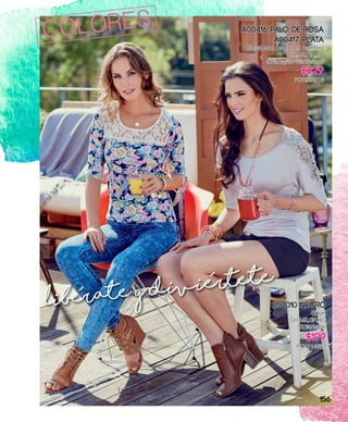 liberate y diviertete
COLORES A00416 Palo de Rosa
A00417 Plata
Blusa con detalle en hombro
CH,ME,GR,XG
96%Rayón 4%Elastano
$329
PC7924216
P00010 Negro
Short
CH,ME,GR,XG
100%Rayón
$199
PC4114682
156
 