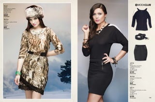 133 134
AF50
Blusa
Manga larga, con pretina
y detalles en hombros
10 Negro
Ch, Me, Gr, Xg
Rayón Elastano
$199
PC9213910
WP38
Cinturón con estoperoles
10 Negro
Ut, Gr
Sintético
$69
PC6904806
QT14
Falda
Entubada de acolchado con cierres
en costados
10 Negro
Ch, Me, Gr, Xg
Poliéster
$199
PC7813926
VG67
Vestido
Manga larga con detalles
de encaje, forrado
10 Animal Print
Ch, Me, Gr, Xg
Poliéster
$369
PC6925821
WP34
Cinturón
Elástico con cadena al frente
10 Negro
Ut, Gr
Sintético
$99
PC2606911
 