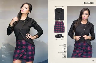 148147
HF31
Saco
Manga larga,
con cruce en delantero
10 Negro
Ch, Me, Gr, Xg
Poliéster Elastano
$369
PC5625806
CC31
Playera
Con tirantes ajustables
10 Negro, 01 Blanco, 24 Verde Menta,
37 Khaki, 08 Azul Rey,
44 Rojo Granada, 29 Grosella
Ch, Me, Gr, Xg
Poliéster, Rayón, Spandex
$ 99
PC1206971
(Catálogo Básicos)
WP38
Cinturón con estoperoles
10 Negro
Ut, Gr
Sintético
$69
PC6904806
QV39
Falda con cruce en delantero,
forrado
07 Estampado
Ch, Me, Gr, Xg
Poliéster
$269
PC9018869
 