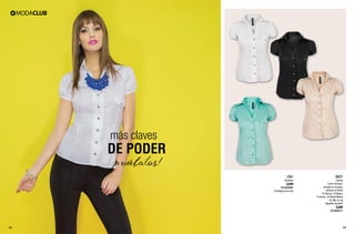 LT61

Pantalón

$299

PC6420981
(Catálogo de Línea)

DE21

Camisa
Corte camisero,
plisado en mangas,
botones al frente
01 Blanco, 10 Negro,
15 Arena, 24 Verde Menta
Ch, Me, Gr, Xg
Algodón Spandex

$289

PC3020211

53

54

 