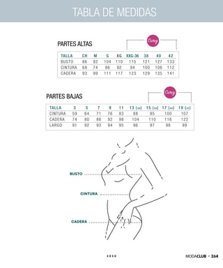 TABLA DE MEDIDAS
TALLA 3 5 7 9 11 13 (36) 15 (38) 17 (40) 19 (42)
CINTURA 59 64 71 76 83 88 95 100 107
CADERA 74 80 86 92 98 104 110 116 122
LARGO 91 92 93 94 95 96 97 98 99
TALLA CH M G XG XXG-36 38 40 42
BUSTO 86 92 104 110 115 121 127 133
CINTURA 68 74 86 92 94 100 106 112
CADERA 93 99 111 117 123 129 135 141
PARTES BAJAS
PARTES ALTAS
BUSTO
CINTURA
CADERA
2642 0 2 0
 