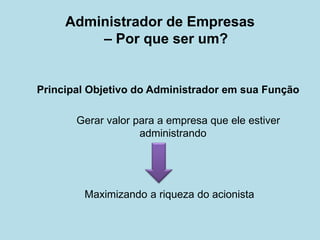 Principal Objetivo do Administrador em sua Função 
Gerar valor para a empresa que ele estiver administrando 
Maximizando a riqueza do acionista 
Administrador de Empresas – Por que ser um?  