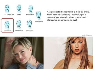 A largura está menos de um e meio da altura.
Precisa ser verticalizado, cabelos longos e
decote V, por exemplo, deixa o rosto mais
alongado e se aproxima do oval.




                                   Renée Zellweger
 