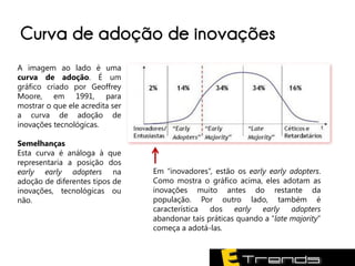 Curva de adoção de inovações
A imagem ao lado é uma
curva de adoção. É um
gráfico criado por Geoffrey
Moore, em 1991, para
mostrar o que ele acredita ser
a curva de adoção de
inovações tecnológicas.

Semelhanças
Esta curva é análoga à que
representaria a posição dos
early early adopters na          Em “inovadores”, estão os early early adopters.
adoção de diferentes tipos de    Como mostra o gráfico acima, eles adotam as
inovações, tecnológicas ou       inovações muito antes do restante da
não.                             população. Por outro lado, também é
                                 característica  dos early     early    adopters
                                 abandonar tais práticas quando a “late majority”
                                 começa a adotá-las.
 