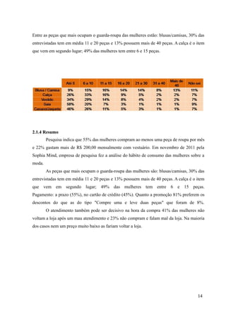 Entre as peças que mais ocupam o guarda-roupa das mulheres estão: blusas/camisas, 30% das
entrevistadas tem em média 11 e 20 peças e 13% possuem mais de 40 peças. A calça é o item
que vem em segundo lugar; 49% das mulheres tem entre 6 e 15 peças.
2.1.4 Resumo
Pesquisa indica que 55% das mulheres compram ao menos uma peça de roupa por mês
e 22% gastam mais de R$ 200,00 mensalmente com vestuário. Em novembro de 2011 pela
Sophia Mind, empresa de pesquisa fez a análise do hábito de consumo das mulheres sobre a
moda.
As peças que mais ocupam o guarda-roupa das mulheres são: blusas/camisas, 30% das
entrevistadas tem em média 11 e 20 peças e 13% possuem mais de 40 peças. A calça é o item
que vem em segundo lugar; 49% das mulheres tem entre 6 e 15 peças.
Pagamento: a prazo (55%), no cartão de crédito (45%). Quanto a promoção 81% preferem os
descontos do que as do tipo "Compre uma e leve duas peças" que foram de 8%.
O atendimento também pode ser decisivo na hora da compra 41% das mulheres não
voltam a loja após um mau atendimento e 23% não compram e falam mal da loja. Na maioria
dos casos nem um preço muito baixo as fariam voltar a loja.
14
 