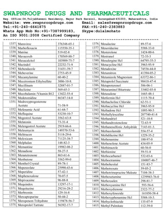 SWAPNROOP DRUGS AND PHARMACEUTICALS
Reg. Office:04,Tuljabhawani Residency, Mayur Park Harsool, Aurangabad-431003, Maharashtra, India
Website: www.swapnroopdrugs.com Email: sales@swapnroopdrugs.com
Tel:+91-240-6641875 FAX:+91-240-2383883
Whats App Mob No:+91-7387999183, Skype:dulalmohato
An ISO 9001:2008 Certified Company
---------------------------------------------------------------------
1337. Maraviroc 376348-65-1
1338. Marbofloxacin 115550-35-1
1339. Matrine 519-02-8
1340. Mavacoxib 170569-88-7
1341. Maxacalcitol 103909-75-7
1342. Mazindol 22232-71-9
1343. Mebendazole 31431-39-7
1344. Mebeverine 2753-45-9
1345. Mecamylamine 60-40-2
1346. Mecetronium Ethylsulfate 3006-10-8.
1347. Mecillinam 32887-01-7
1348. Meclizine 569-65-3
1349. Mecobalamin /Vitamin B12 13422-55-4
1350. Medetomidine 86347-14-0
1351. Medroxyprogesterone
Acetate 71-58-9
1352. Mefenamic Acid 61-68-7
1353. Mefloquine 53230-10-7
1354. Megestrol Acetate 3562-63-8
1355. Melatonin 73-31-4
1356. Melengestrol Acetate 2919-66-6
1357. Meleumycin 149370-53-6
1358. Melitracen 5118-29-6
1359. Meloxicam 71125-38-7
1360. Melphalan 148-82-3
1361. Memantine 19982-08-2
1362. Menadione 58-27-5
1363. Menatetrenone 863-61-6
1364. Menbutone 3562-99-0
1365. Menthol Crystal 89-78-1
1366. Mepenzolate 25990-43-6
1367. Meperidine 57-42-1
1368. Mephenoxalone 70-07-5
1369. Mepivacaine 96-88-8
1370. Mequindox 13297-17-1
1371. Mequitazine 29216-28-2
1372. Merbromin 129-16-8
1373. Mercaptopurine 50-44-2
1374. Meropenem Trihydrate 119478-56-7
1375. Meroprolol Tartrate 56392-17-7
1376. Mesalazine 89-57-6
1377. Mesoridazine 5588-33-0
1378. Mesterolone 1424-00-6
1379. Mestranol 72-33-3
1380. Mesulergine Hcl 64795-35-3
1381. Metacycline Hcl 3963-95-9
1382. Metadoxine 74536-44-0
1383. Metamitron 41394-05-2
1384. Metamizole Magnesium 63372-86-1
1385. Metaprolol Succinate 98418-47-4
1386. Metaproterenol 586-06-1
1387. Metaraminol Bitartrate 33402-03-8
1388. Metaxalone 1665-48-1
1389. Metformin Hcl 1115-70-4
1390. Methacholine Chloride 62-51-1
1391. Methacycline Hcl 3963-95-9
1392. Methadone Hcl 1095-90-5
1393. Methallylescaline 207740-41-8
1394. Methandriol 521-10-8
1395. Methandrostenolone 72-63-9
1396. Methanesulfonic Anhydride 7143-01-3.
1397. Methazolamide 554-57-4
1398. Methdilazine Hcl 1229-35-2
1399. Methenamine 100-97-0
1400. Methenolone Acetate 434-05-9
1401. Methimazole 60-56-0
1402. Methionine 59-51-8
1403. Methocarbamol 532-03-6
1404. Methoctramine 104807-46-7
1405. Methohexital 151-83-7
1406. Methotrexate 59-05-2
1407. Methotrimeprazine Maleate 7104-38-3
1408. Methoxetamine 1239943-76-0
1409. Methoxsalen 298-81-7
1410. Methoxyamine Hcl 593-56-6
1411. Methoxydienone 2322-77-2
1412. Methoxyfenozide 161050-58-4
1413. Methoxyphenamine Hcl 5588-10-3.
1414. Methyclothiazide 135-07-9
1415. Methyl Palmitate 112-39-0
 