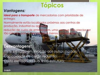 Tópicos 
Vantagens: 
Ideal para o transporte de mercadorias com prioridade de 
entrega; 
Normalmente estão localizados próximos aos centros de 
produção, industrial ou agrícola; 
redução de custo de embalagem, uma vez que não precisa ser 
tão robusta, pois a mercadoria é menos manipulada; 
Desvantagens: 
Frete elevado em relação aos outros modais; 
Capacidade de carga reduzida; 
Custo elevado da sua infra-estrutura; 
 