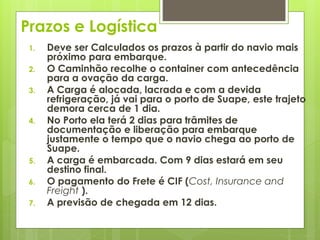Prazos e Logística 
1. Deve ser Calculados os prazos à partir do navio mais 
próximo para embarque. 
2. O Caminhão recolhe o container com antecedência 
para a ovação da carga. 
3. A Carga é alocada, lacrada e com a devida 
refrigeração, já vai para o porto de Suape, este trajeto 
demora cerca de 1 dia. 
4. No Porto ela terá 2 dias para trâmites de 
documentação e liberação para embarque 
justamente o tempo que o navio chega ao porto de 
Suape. 
5. A carga é embarcada. Com 9 dias estará em seu 
destino final. 
6. O pagamento do Frete é CIF (Cost, Insurance and 
Freight ). 
7. A previsão de chegada em 12 dias. 
 