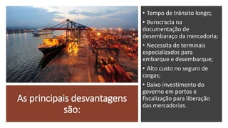 As principais desvantagens
são:
• Tempo de trânsito longo;
• Burocracia na
documentação de
desembaraço da mercadoria;
• Necessita de terminais
especializados para
embarque e desembarque;
• Alto custo no seguro de
cargas;
• Baixo investimento do
governo em portos e
fiscalização para liberação
das mercadorias.
 