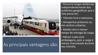 As principais vantagens são:
• Percorre longas distâncias
independentemente dos
acidentes geográficos que a
rota possa ter;
• Trânsito livre e exclusivo;
• Aeroportos próximos ou
em centros urbanos;
• Modal com o menor
tempo de entrega da carga;
• Menor custo com
embalagens, pois a carga é
menos manuseada durante
seu trânsito.
 
