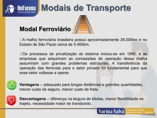 14
Modais de Transporte
Modal Ferroviário
A malha ferroviária brasileira possui aproximadamente 29.000km e no
Estado de São Paulo cerca de 5.400km.
Os processos de privatização do sistema iniciou-se em 1996, e as
empresas que adquiriram as concessões de operação dessa malha
assumiram com grandes problemas estruturais. A transferência da
operação das ferrovias para o setor privado foi fundamental para que
esse setor voltasse a operar.
Vantagens – adequado para longas distâncias e grandes quantidades,
menor custo de seguro, menor custo de frete.
Desvantagens – diferença na largura de bitolas, menor flexibilidade no
trajeto, necessidade maior de transbordo.
 