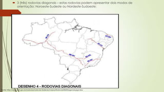  3 (três) rodovias diagonais – estas rodovias podem apresentar dois modos de
orientação: Noroeste-Sudeste ou Nordeste-Sudoeste;

Fonte: http://www.dnit.gov.br/rodovias/rodovias-federais/mapas/Rodoviais%20Diagonais.jpg/view

 