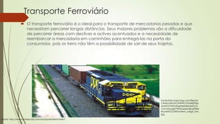 Transporte Ferroviário
 O transporte ferroviário é o ideal para o transporte de mercadorias pesadas e que
necessitam percorrer longas distâncias. Seus maiores problemas são a dificuldade
de percorrer áreas com declives e aclives acentuados e a necessidade de
reembarcar a mercadoria em caminhões para entregá-las na porta do
consumidor, pois os trens não têm a possibilidade de sair de seus trajetos.

Fonte:http://api.ning.com/files/4J
CXiA6*pFbVhCXWf9o*OGW8595p
6nzNOvP6XToINgWefMBo4UZTs1b
VvwvdwugiA*9IMrGpieoQpqZSS6k
RLzvbNOCGf95n/trem_carga_mrs.
jpg
Fonte: http://www.infoescola.com/transporte/ferroviario/

 
