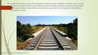  As ferrovias seria o meio de transporte ideal para ser utilizado no Brasil, pois no país
existem a predominância de terrenos baixos e relativamente planos e as grandes
distâncias a serem percorridas, são fatores que fazem do transporte ferroviário o
ideal para o país.

Fonte:https://encrypted-tbn3.gstatic.com/images?q=tbn:ANd9GcTAqa2JNJ9Gtd4Y5ClY71rvT3o6b4fuFTmxKYSDb5I7hVedPC4LYg

Fonte: http://www.infoescola.com/transporte/ferroviario/

 