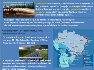 Outros /dutos
Os impactos ambientais causados por este modal
decorrem de rompimentos dos dutos e falhas nos
mecanismos das válvulas além de problemas
externos como escavações
Dutoviários -Neste modal o veiculo que faz o transporte é
fixo enquanto o produto ( carga)a ser transportada é que se
desloca. Transportam em geral gás ( gasodutos) ou óleo (
oleoduto) mas podem transportar também minérios
(minerodutos e carbodutos) ou graos .
Vantagens : mais econômica que os demais modais/baixo custo no geral
Baixo impacto ambiental( não poluente)/Serviço 24 horas /Não tem interferências
climáticas ou congestionamentos/Menor possibilidade de roubos ou perdas
Os dutos podem ser subterrâneos, aéreos,
aparentes ou marítimos
Os primeiros dutos no Brasil foram implantados
nos anos 70 : São Sebastião/ Paulínea 226 km
Angra dos reis / Caxias ( 125 km)
 