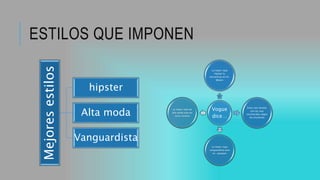 ESTILOS QUE IMPONEN
Mejoresestilos
hipster
Alta moda
Vanguardista
Vogue
dice…
La mejor ropa
hípster la
encuentras en Dr.
Bloom
Estas tres tiendas
son las mas
reconocidas según
las encuestas
La mejor ropa
vanguardista esta
en zapopan
La mejor ropa de
alta moda esta en
Louis Vuitton
 
