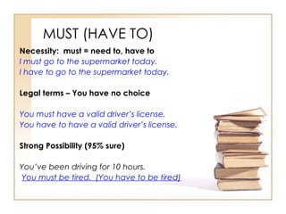 MUST (HAVE TO) Necessity:  must = need to, have to I must go to the supermarket today. I have to go to the supermarket today. Legal terms – You have no choice You must have a valid driver’s license. You have to have a valid driver’s license. Strong Possibility (95% sure) You’ve been driving for 10 hours. You must be tired.  (You have to be tired) 