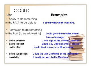 COULD   Use Examples ability to do something  In the PAST (to be able to)   I could walk when I was two. Permission to do something  In the Past (to be allowed to)  I could go to the movies when I    I was a teenager.   polite question   Could I go to the cinema, please? polite request  Could you wait a moment, please? polite offer  I could lend you my car till tomorrow. polite suggestion  Could we visit Grandma at the   weekend? possibility  It could get very hot in Montana. 