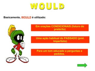 WOULD Basicamente,  WOULD  é utilizado: Para um tom educado a perguntas e pedidos. Em orações CONDICIONAIS (futuro do pretérito) Uma ação habitual do PASSADO (pret. Imperfeito) 