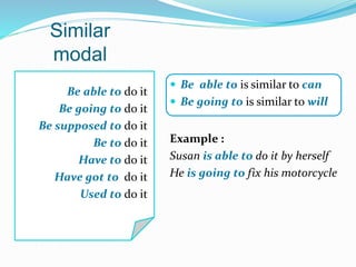Similar
modal
Be able to do it
Be going to do it
Be supposed to do it
Be to do it
Have to do it
Have got to do it
Used to do it
 Be able to is similar to can
 Be going to is similar to will
Example :
Susan is able to do it by herself
He is going to fix his motorcycle
 