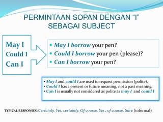 PERMINTAAN SOPAN DENGAN “I”
SEBAGAI SUBJECT
May I
Could I
Can I
 May I borrow your pen?
 Could I borrow your pen (please)?
 Can I borrow your pen?
• May I and could I are used to request permission (polite).
• Could I has a present or future meaning, not a past meaning.
• Can I is usually not considered as polite as may I and could I
TYPICAL RESPONSES: Certainly. Yes, certainly. Of course. Yes , of course. Sure (informal)
 