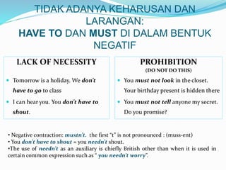 TIDAK ADANYA KEHARUSAN DAN
LARANGAN:
HAVE TO DAN MUST DI DALAM BENTUK
NEGATIF
LACK OF NECESSITY
 Tomorrow is a holiday. We don’t
have to go to class
 I can hear you. You don’t have to
shout.
PROHIBITION
(DO NOT DO THIS)
 You must not look in the closet.
Your birthday present is hidden there
 You must not tell anyone my secret.
Do you promise?
• Negative contraction: mustn’t. the first “t” is not pronounced : (muss-ent)
• You don’t have to shout = you needn’t shout.
•The use of needn’t as an auxiliary is chiefly British other than when it is used in
certain common expression such as “ you needn’t worry”.
 