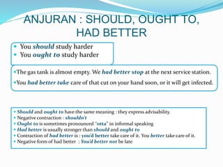ANJURAN : SHOULD, OUGHT TO,
HAD BETTER
 You should study harder
 You ought to study harder
The gas tank is almost empty. We had better stop at the next service station.
You had better take care of that cut on your hand soon, or it will get infected.
 Should and ought to have the same meaning : they express advisability.
 Negative contraction : shouldn’t
 Ought to is sometimes pronounced “otta” in informal speaking
 Had better is usually stronger than should and ought to
 Contraction of had better is : you’d better take care of it. You better take care of it.
 Negative form of had better : You’d better not be late
 