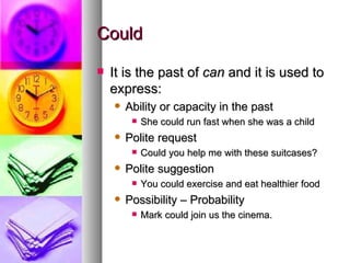 Could It is the past of  can  and it is used to express:  Ability or capacity in the past She could run fast when she was a child Polite request Could you help me with these suitcases? Polite suggestion You could exercise and eat healthier food Possibility – Probability Mark could join us the cinema.  