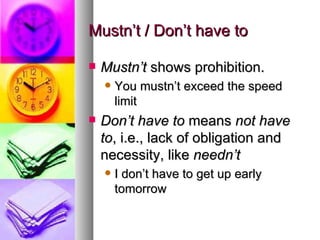Mustn’t / Don’t have to Mustn’t  shows prohibition.  You mustn’t exceed the speed limit Don’t have to  means  not have to , i.e., lack of obligation and necessity, like  needn’t I don’t have to get up early tomorrow 