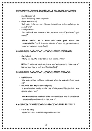3
6.RECOMENDACIONES, SUGERENCIAS, CONSEJOS, OPINIONES
• Should (debería):
”Brian should buy a new computer”
• Ought to (debería):
“Bob ought to be more careful when he is driving: he is a real danger to
pedestrians”
• Could (podrías):
”You could ask your parents to lend you some money if you haven´t got
enough”
NOTA: “Should” es el modal más común para indicar una
recomendación. Es prácticamente idéntico a “ought to”, pero este verbo
no es tan frecuente como should.
7.HABILIDAD, CAPACIDAD Y CONOCIMIENTO (PRESENTE)
• Can (saber):
”Marty can play the guitar better than anyone I know”
NOTA: El verbo que puede sustituir a “can” en este uso es “know how to”
(do you know how to cook good Mexican food?)
8.HABILIDAD, CAPACIDAD Y CONOCIMIENTO (PASADO)
• Could (sabía):
“She was a gifted child and could read when she was only three years
old”
• was/were able to (fue capaz de,pudo):
“I was abroad on holiday at the time of the general Election but I was
able to vote by post”
NOTA: Cuando nos referimos a una habilidad que se tuvo en una ocasión
concreta del pasado se utiliza “was able to”
9. AUSENCIA DE HABILIDAD O CAPACIDAD EN EL PRESENTE
• Can´t (no sabe):
”My father can´t drive but my grandmother can”
 