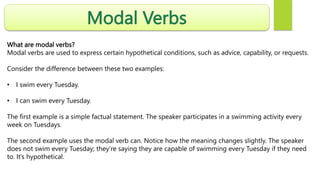 Modal Verbs
What are modal verbs?
Modal verbs are used to express certain hypothetical conditions, such as advice, capability, or requests.
Consider the difference between these two examples:
• I swim every Tuesday.
• I can swim every Tuesday.
The first example is a simple factual statement. The speaker participates in a swimming activity every
week on Tuesdays.
The second example uses the modal verb can. Notice how the meaning changes slightly. The speaker
does not swim every Tuesday; they’re saying they are capable of swimming every Tuesday if they need
to. It’s hypothetical.
 