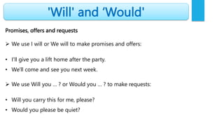 'Will' and ‘Would'
Promises, offers and requests
 We use I will or We will to make promises and offers:
• I'll give you a lift home after the party.
• We'll come and see you next week.
 We use Will you … ? or Would you … ? to make requests:
• Will you carry this for me, please?
• Would you please be quiet?
 