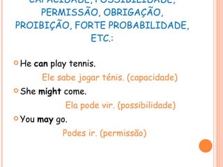8  PERMITEM-NOS EXPRIMIR CAPACIDADE, POSSIBILIDADE, PERMISSÃO, OBRIGAÇÃO, PROIBIÇÃO, FORTE PROBABILIDADE, ETC.: He  can  play tennis. Ele sabe jogar ténis. (capacidade) She  might  come. Ela pode vir. (possibilidade) You  may  go. Podes ir. (permissão) 