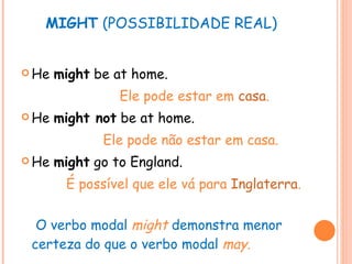 MIGHT  (POSSIBILIDADE REAL) He  might  be at home. Ele pode estar em  casa . He  might not  be at home. Ele pode não estar em casa. He  might  go to England. É possível que ele vá para  Inglaterra .   O verbo modal  might   demonstra menor certeza do que o verbo modal   may . 