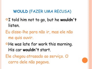 WOULD  (FAZER UMA RECUSA) I told him not to go, but he  wouldn't  listen. Eu disse-lhe para não ir, mas ele não me quis ouvir. He was late for work this morning.  His car  wouldn't  start. Ele chegou atrasado ao serviço. O carro dele não pegava. 