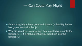 ----Can Could May, Might
 Fatima may/might have gone with Saroja. (= Possibly Fatima
has gone/ went with Saroja.)
 Why did you drive so carelessly? You might have run into the
lamppost. (= It is fortunate that you didn't run into the
lamppost.)
 
