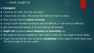 ---must, ought to
 Compare:
 I must be on a diet. (It is my own idea.)
 I have to be on a diet. (The doctor has told me to be on a diet.)
 Must can also express logical certainty.
 Living in such crowded conditions must be difficult. (=1 am sure it is difficult.)
 She must have left already. (I am sure she has left already).
 Ought (to) expresses moral obligation or desirability; as,
 We ought to love our neighbours. We ought to help him. You ought to know better.
 Ought (to) can also be used to express probability. Prices ought to come down soon.
This book ought to be very useful.
 